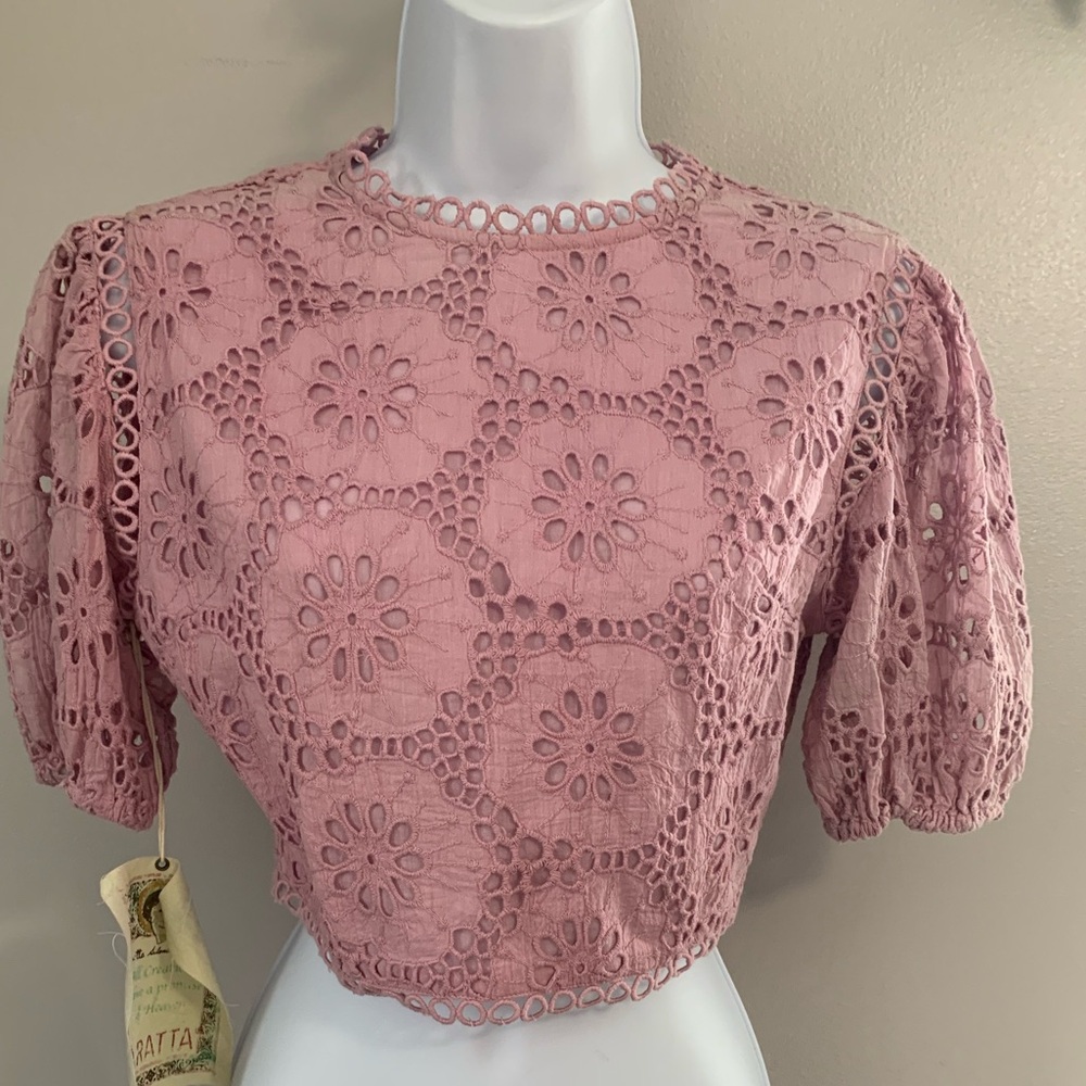 NWT Aratta Lace Crochet Puff Sleeve Crop Top - Dusty Rose - Picture 14 of 16